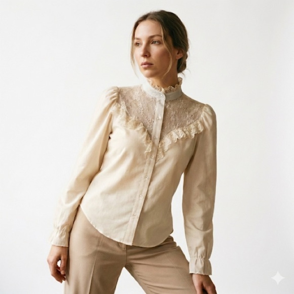 Panhandle Slim Women’s Lace Yoke Ruffle Collar Blouse Size 10